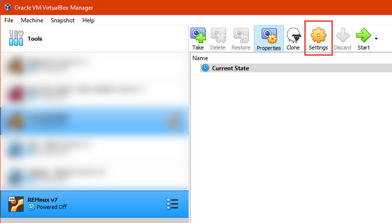Screenshot of the VirtualBox tool with the REMnux virtual machine ready to use