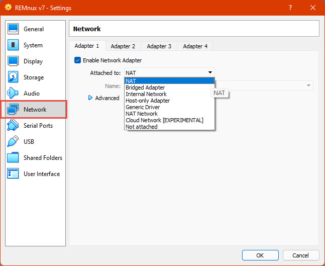 Screenshot of the VirtualBox application in the settings window for a virtual machine in the Network section with a dropdown extended highlighting NAT in the Attached to field