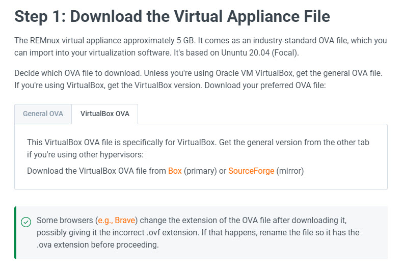 Screenshot of the Remnux website in the downloads section