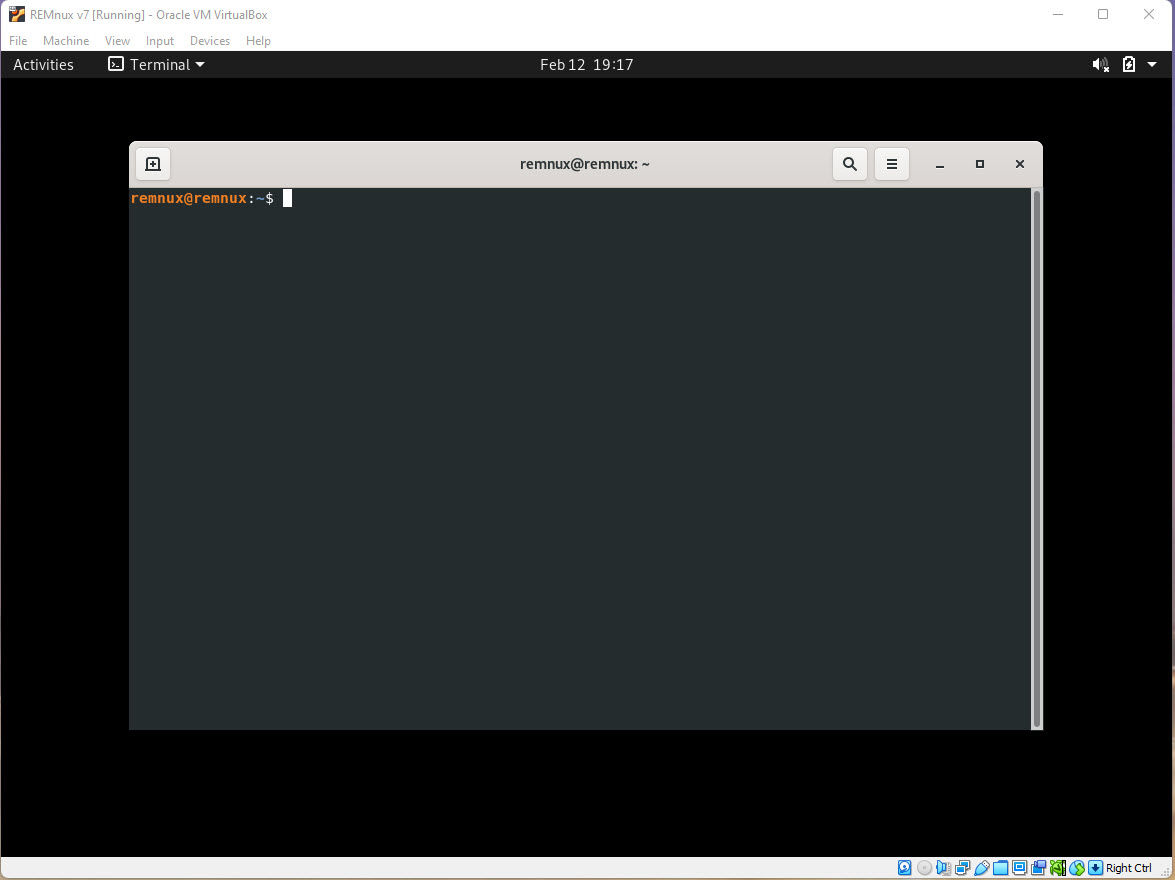 Screenshot of the REMnux virtual machine in its inicial status