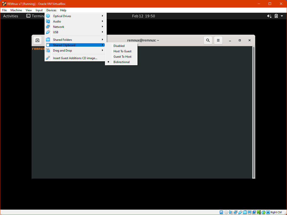 Screenshot of a Virtual Machine in VirtualBox with the Devices menu and the Shared Clipboard submenu open with the Bidirectional option highlighted