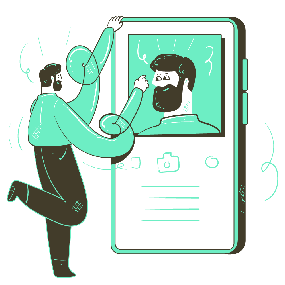 Icon representing a person checking a human-size mobile device with their picture and some ininteligible text