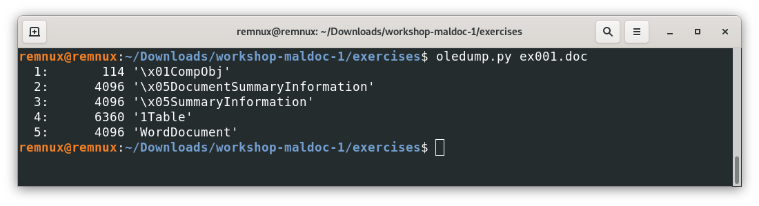 Screenshot of the REMnux terminal window with the output of the oledump.py tool for the file ex001.doc
