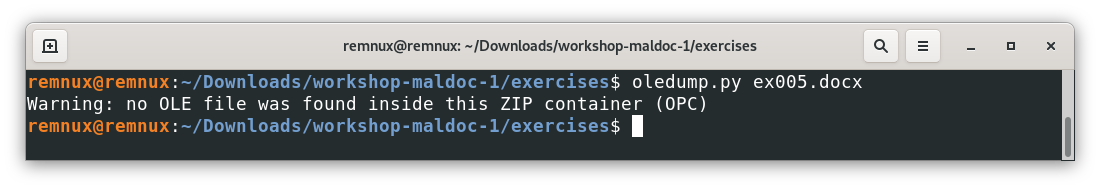 Screenshot of the REMnux terminal window with the output of the oledump.py tool for the file ex005.docx