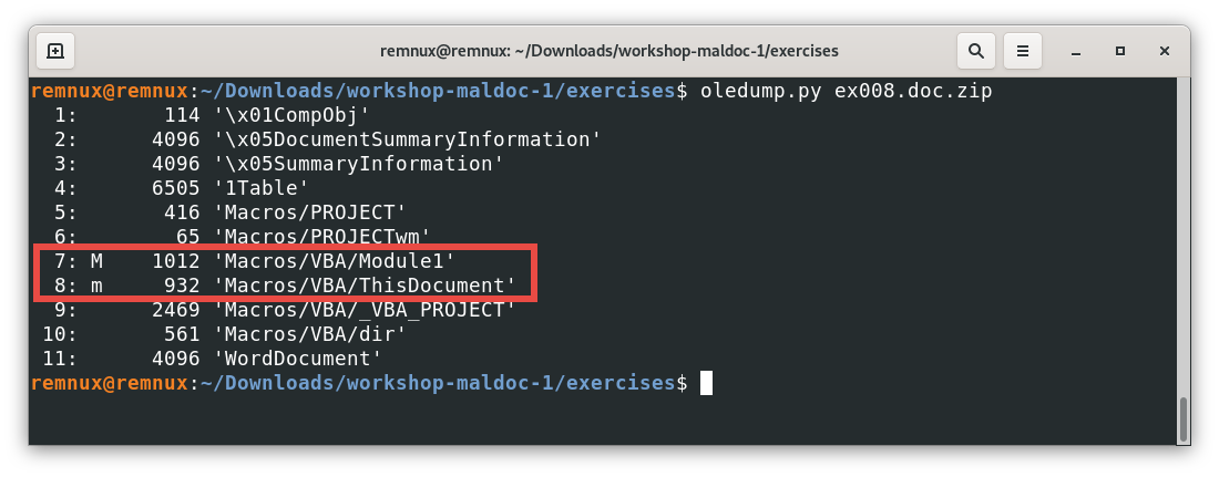 Screenshot of the REMnux terminal window with the output of the oledump.py tool for the file ex008.doc.zip