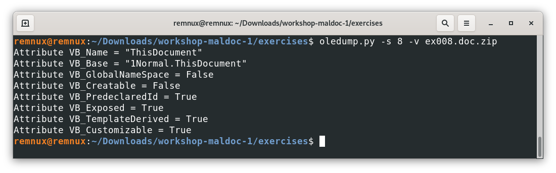 Screenshot of the REMnux terminal window with the output of the oledump.py tool for the file ex008.doc.zip for the object with id 8