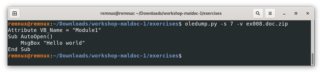 Screenshot of the REMnux terminal window with the output of the oledump.py tool for the file ex008.doc.zip for the object with id 7