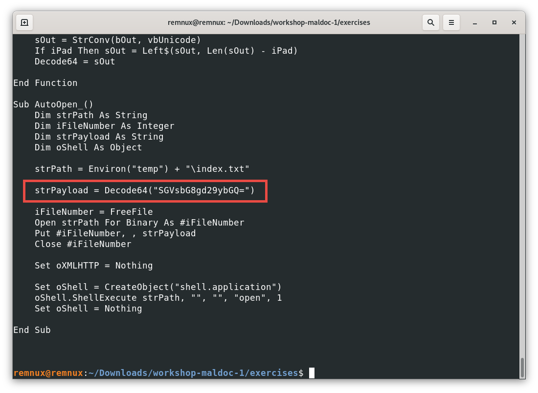 Screenshot of the REMnux terminal window with the output of the oledump.py tool one object showing a variable called strPayload with an encoded string in Base64