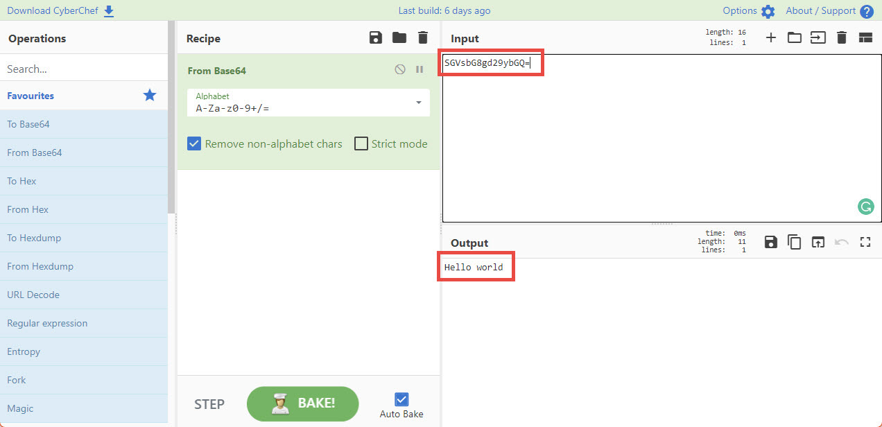 Screenshot of the CyberChef tool showing the decoded text string saying Hello world