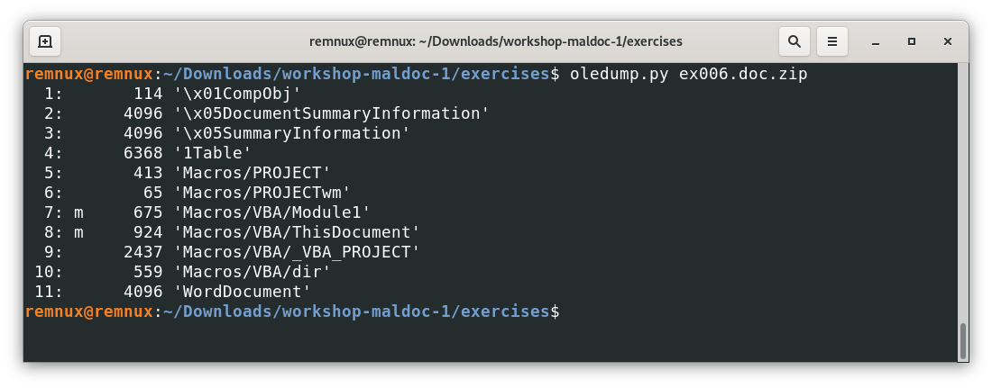 Screenshot of a terminal showing the output of the tool oledump.py for file ex006.doc.zip showing two objects with macros described by the letter lowercase m