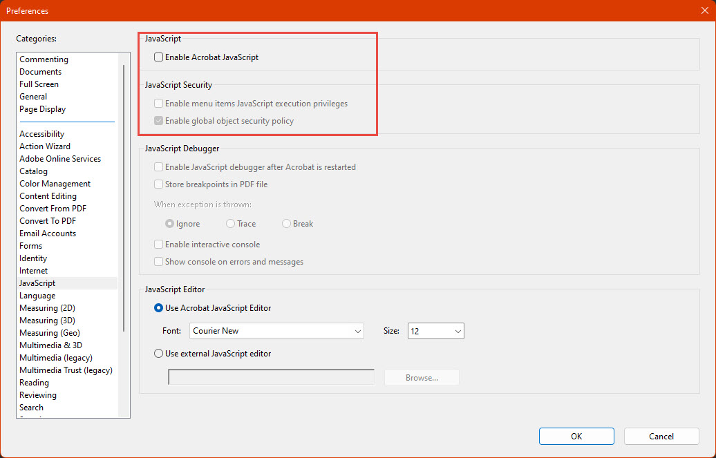 Screenshot of Adobe PDF reader highlighting the options to enable or disable JavaScript