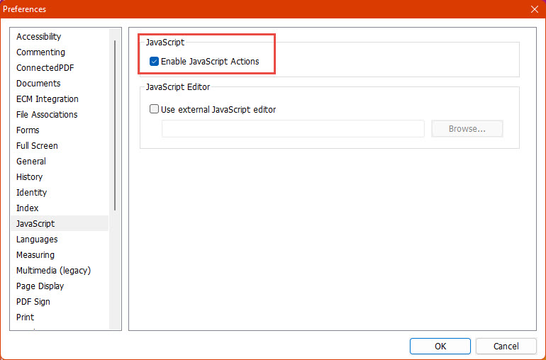 Screenshot of Foxit PDF reader highlighting the options to enable or disable JavaScript