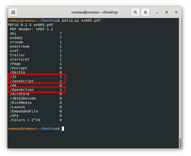 Screenshot of a terminal window with the pdfid.py tool output for the analysis of the file ex005.pdf highlighting the objects of types JS, JavasScript, and OpenAction