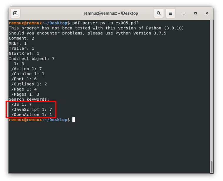 Screenshot of a terminal window with the pdf-parser.py tool output for the analysis of the file ex005.pdf highlighting the objects of types JS, JavasScript, and OpenAction