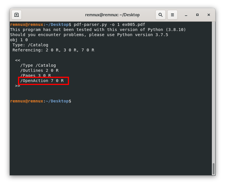 Screenshot of a terminal window with the pdf-parser.py tool output for the analysis of the file ex005.pdf and its object 1, highlighting an OpenAction object type