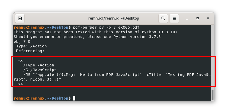 Screenshot of a terminal window with the pdf-parser.py tool output for the analysis of the file ex005.pdf and its object 7, highlighting a Javascript object type