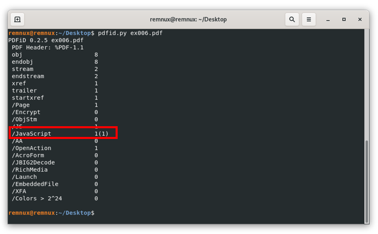 Screenshot of a terminal window with the pdfid.py tool output for the analysis of the file ex006.pdf highlighting one JavasScript object