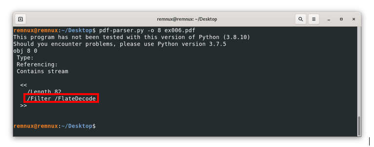 Screenshot of a terminal window with the pdf-parser.py tool output for the analysis of the file ex006.pdf and its object 8, highlighting a Javascript object type with a FlateDecode Filter