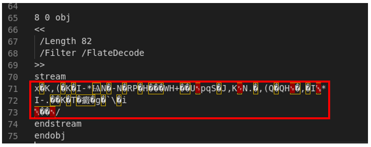 Screenshot of a terminal window with the pdf-parser.py tool output for the analysis of the file ex006.pdf and its object 8, highlighting a Javascript object type with a FlateDecode Filter and the content of the stream, which can't be understood because of inintelligible characters