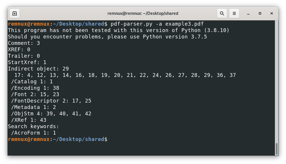 Screenshot of a terminal window with the pdf-parser.py tool output for the analysis of the file example3.pdf showing a number of different object types