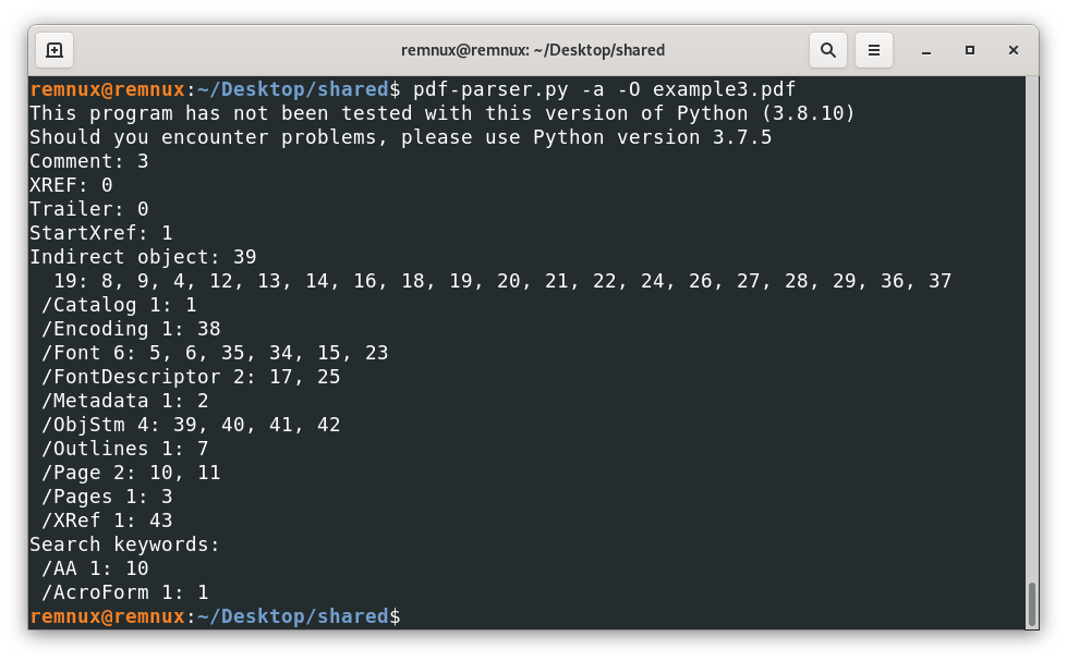 Screenshot of a terminal window with the pdf-parser.py tool output for the analysis of the file example3.pdf showing a number of different object types