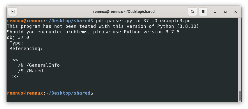 Screenshot of a terminal window with the pdf-parser.py tool output for the analysis of the file example3.pdf and its object 37, showing an unknown object type