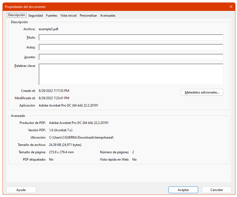 Screenshot of a PDF reader window of file propoerties